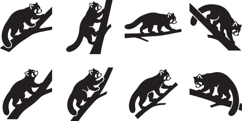 Cute red panda silhouettes climbing on forest tree branches © HM