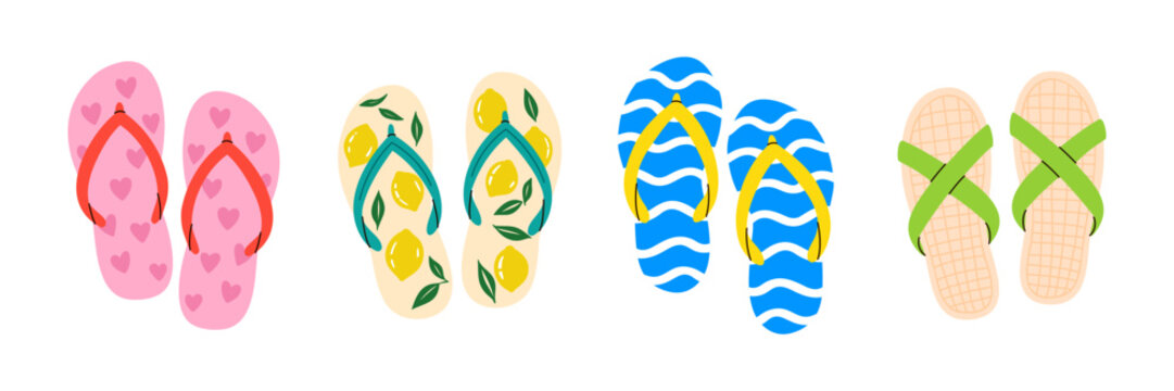 Summer beach flip flops sandals collection colorful tropical holiday footwear with lemon heart wavy stripe patterns isolated vector illustration