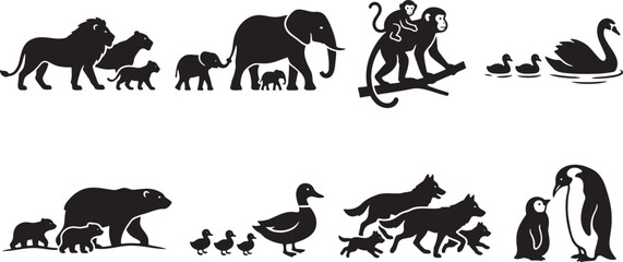 Naklejka premium Long horizontal procession of animal family silhouettes marching