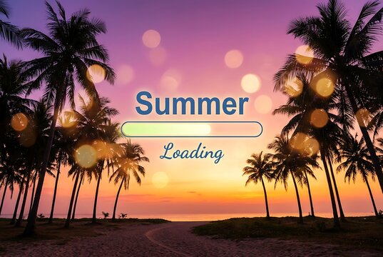 Summer loading text with progress bar over tropical beach sunset silhouette with palm trees, ocean and purple sky, anticipation of vacation season.