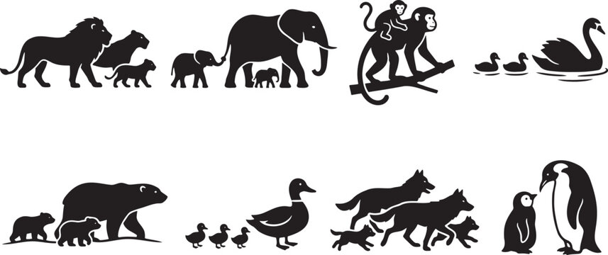 Long horizontal procession of animal family silhouettes marching