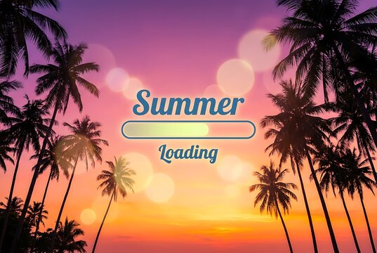 Summer loading progress bar on tropical beach at sunset with palm trees and bokeh lights, warm gradient sky and ocean reflection, vacation anticipation.