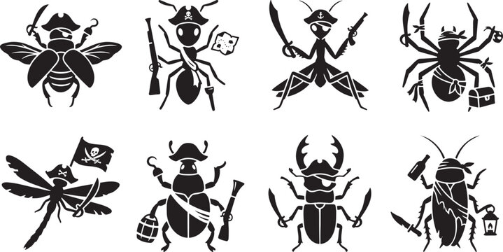 Funny garden bugs dressed up as historic pirate captains