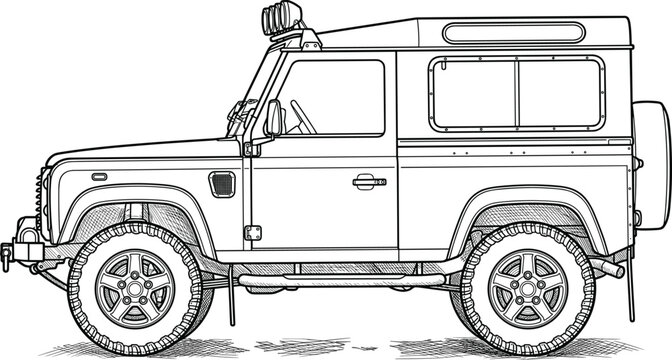 Vintage Offroad Four by Four SUV Side View Detailed Line Art Sketch Vector Illustration for Overlanding Camping Adventure and Automotive Graphic Designs
