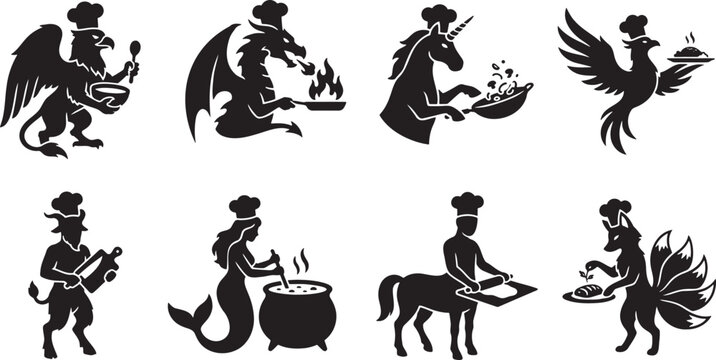 Mythical creatures and animals cooking as chefs icons