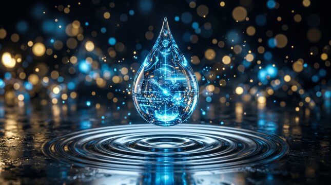 Futuristic AI Data Water Drop with Digital Circuit Rippling on Dark Abstract Bokeh Background
