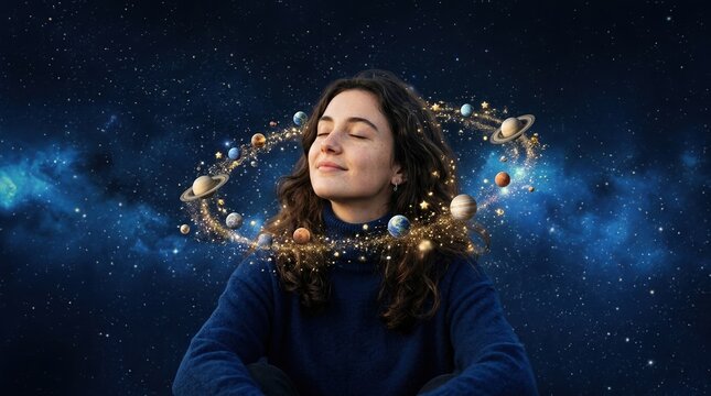 Young dreamer in midnight blue turtleneck with miniature planets and golden stardust orbiting her head against deep navy canvas..