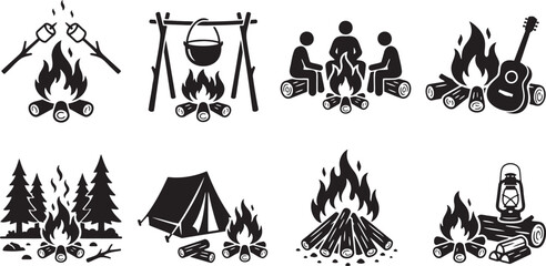 Camping campfire and outdoor tent bonfire silhouette collection © HM