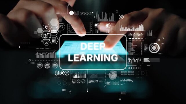Hands on a Tablet with Deep Learning Concept Surrounded by Data Visualization Elements and Graphs. Asymptotic smart data analytic.