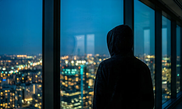 Silhouette of person in hooded sweatshirt gazing at illuminated city skyline through large window at night representing contemplation and urban isolation.