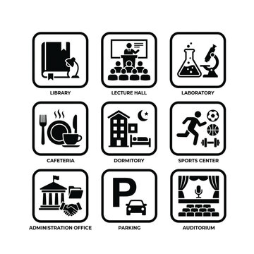 Set of black and white vector icons for university campus facilities