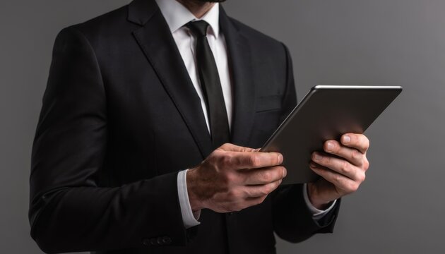 Professional Businessman Using Digital Tablet in Formal Attire Against Gray Background