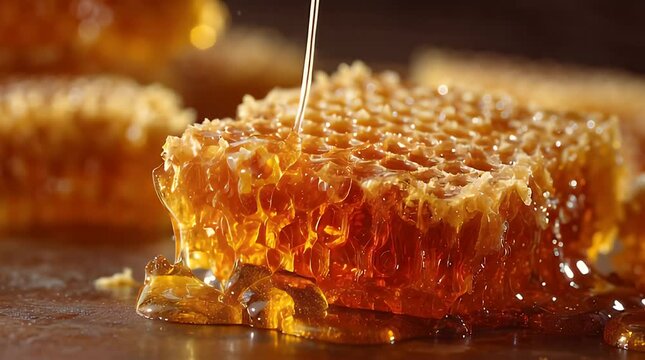 Golden liquid honey drips from a fork onto a fresh honeycomb