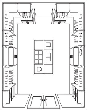 Top view floor plan of a modern kitchen with ample storage and counter space