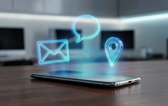 Smartphone on wooden desk with holographic icons of email envelope chat bubble and location pin floating above, representing mobile communication services.