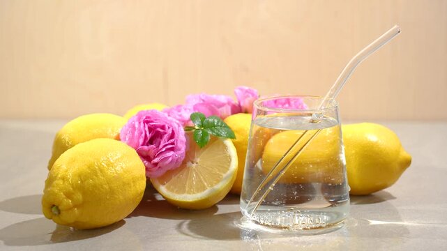 Pure water is poured into a glass, and the concept of fresh water with lemon and rose flavors is presented