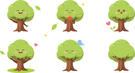 Obraz premium Cute Cartoon Tree Mascot Character Set with Kawaii Smiley Face Expressions Holding Apple, Bird on Branch, and Falling Leaves Isolated Vector Illustration Collection