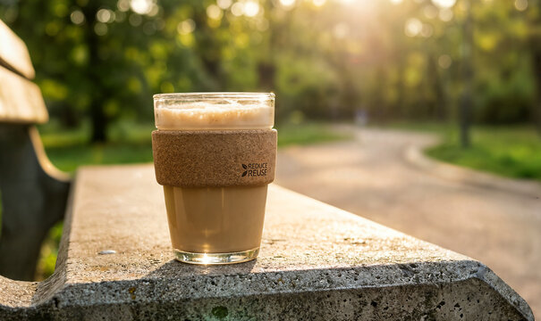 Glass coffee cup with cork sleeve sitting on stone bench in park at sunrise, promoting reusable and sustainable coffee drinking outdoors.