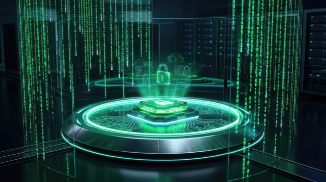Green matrix code stream with a glowing chip platform for professional digital technology. This high-tech interface represents