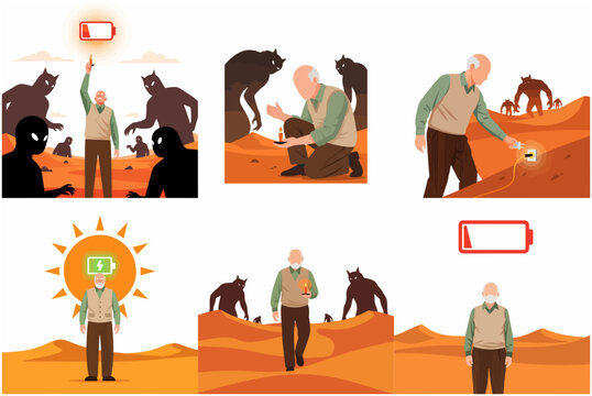 Elderly man battling exhaustion and inner demons in a desert landscape, concept of burnout, low energy, and mental health recovery illustration
