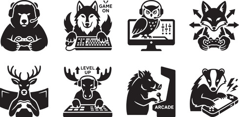 Gamer animals with headphones and controllers black icons set © HM