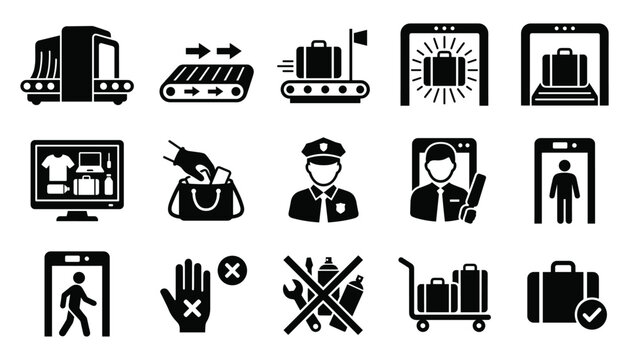 Airport security check icon collection with baggage scanner and metal detector vector illustration.