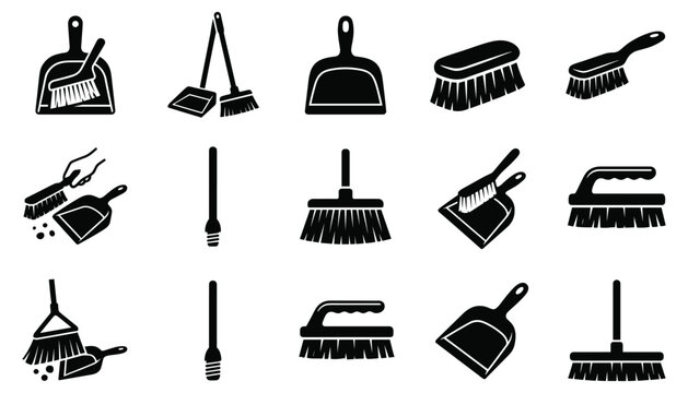 Broom and dustpan black silhouette vector icons set, cleaning tools illustration.
