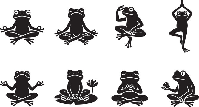 Funny frogs practicing yoga and meditation poses silhouettes collection
