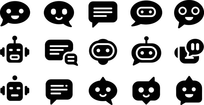 Black silhouette chatbot and speech bubble icon set for digital communication and artificial intelligence concepts