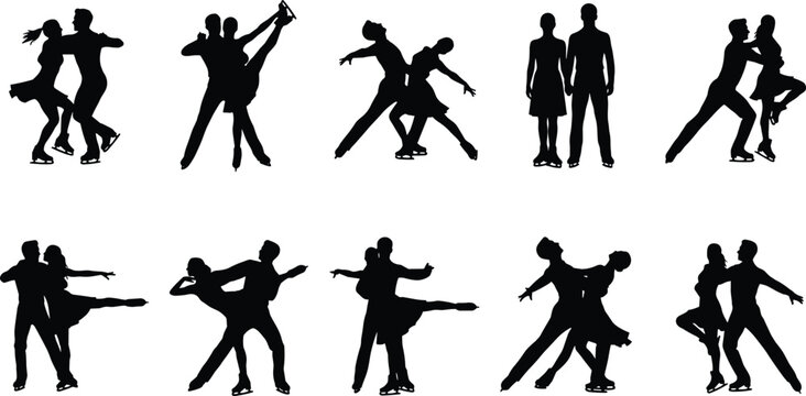 Figure Skating Couple Silhouette Collection Featuring Ice Dance Performances, Pair Routines and Winter Sports Vector Set