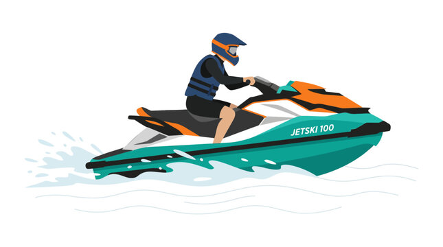 Man riding a fast teal and orange jet ski.
