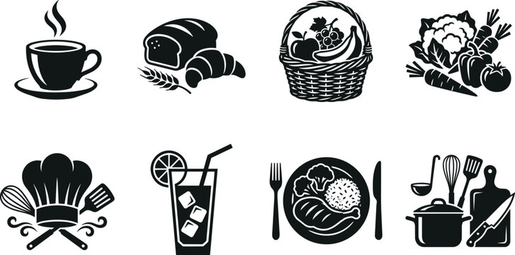 Food and Kitchen Silhouette Collection Featuring Coffee Bread Fruits Vegetables Cooking Utensils and Meal Icons