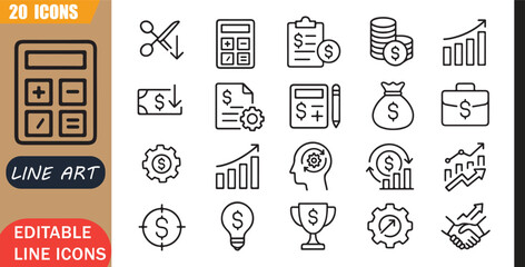 Naklejka premium Cost reduction icons set, 20 editable line art icons set, cost reduction expenses budgeting, finance savings business, management optimization efficiency, profit theme style, clean outline vector