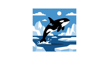 Orca jumping out of water in arctic iceberg landscape. © Stephanie