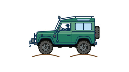 Green off-road SUV vehicle on dirt ground profile view. © Yara