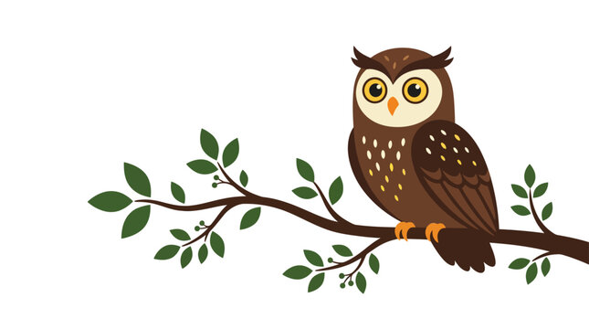 Wise owl perched on a green leafy tree branch.