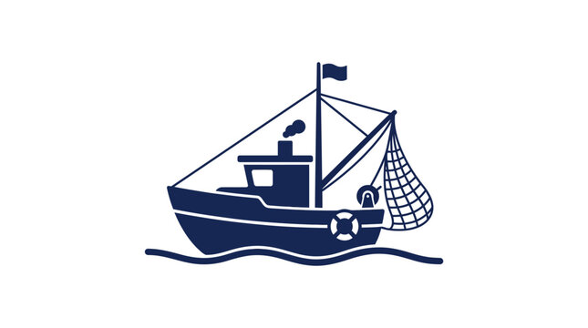 Blue fishing trawler boat on waves with net out.