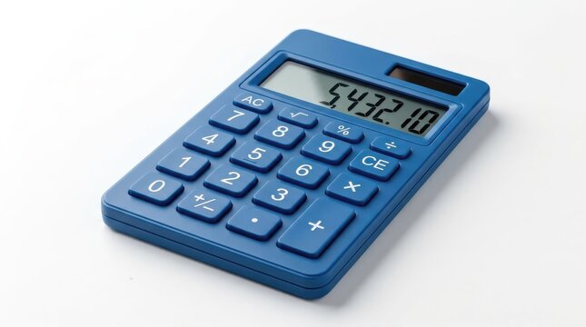 Blue calculator icon on a white background, finance tool for math and accounting. Office arithmetic budgeting device for economy