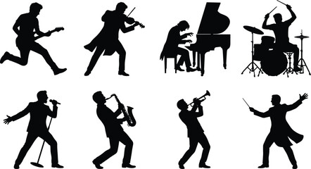 Musician and Orchestra Performer Silhouette Collection Featuring Guitarist Violinist Pianist Drummer Singer and Conductor Set © Arifa