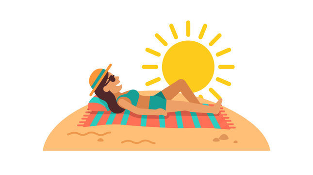 Woman sunbathing on beach towel under a bright sun.