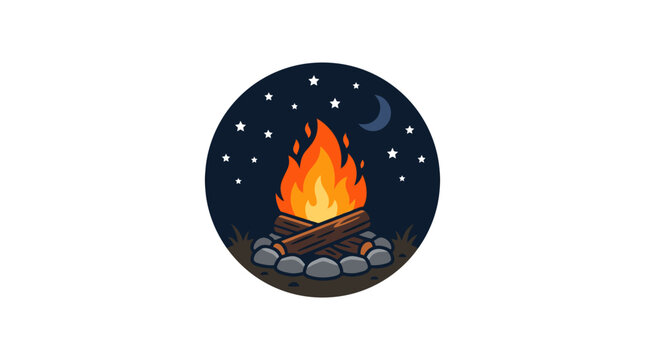 Night campfire icon with logs and starry sky background.