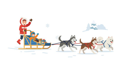 Sled dogs pulling children on a winter snowy landscape. © Yara