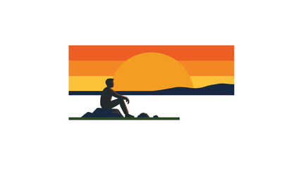 Fototapeta premium Silhouette of person sitting on rocks at sunset.