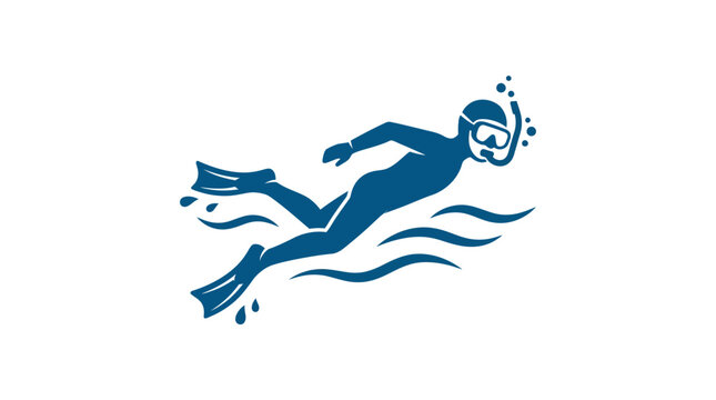 Blue silhouette of a scuba diver swimming underwater icon.