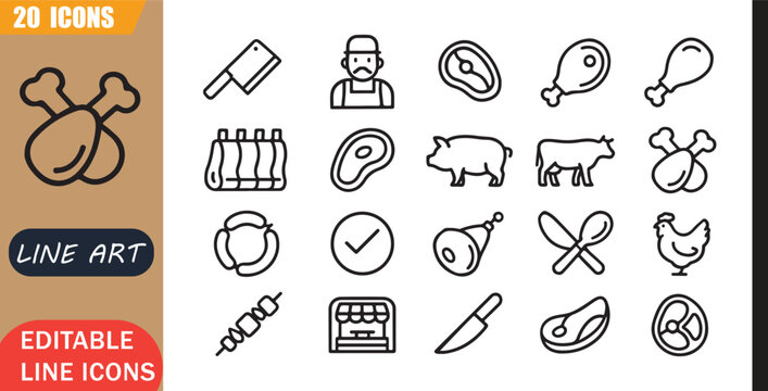 Isolated butcher market icons set, 20 editable line art icons set, meat butcher fresh, beef pork chicken, protein food market, quality theme style, clean outline vector
