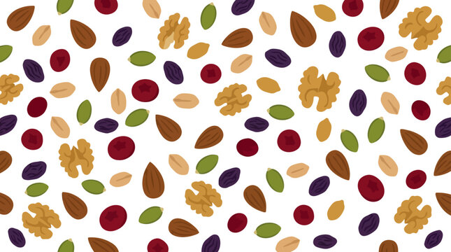Seamless pattern with almonds walnuts seeds and dried berries.