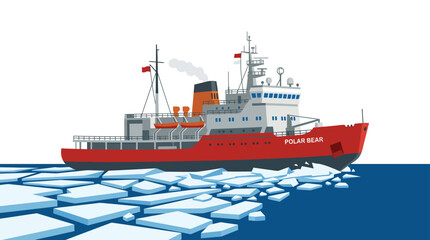 Red icebreaker ship cruising through arctic ice floes. © veronica