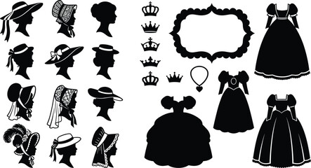 Victorian Fashion Silhouette Collection Featuring Women Profiles Bonnets Crowns Dresses and Decorative Frame Vector Set © Arifa