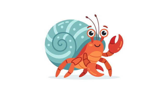 Cute hermit crab with blue shell cartoon character.