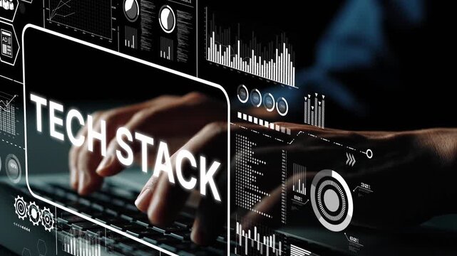 Professional Hands Typing on Laptop with Tech Stack Data Visualization Graphic in Modern Digital Environment. Asymptotic smart data analytic.